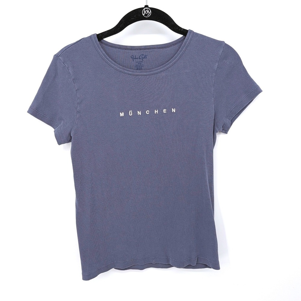 John Galt Tee Women OS Blue Munchen Short Sleeve Crew Neck Cotton Top Y2K Casual